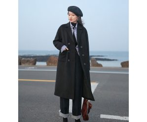 CHICVEN2019秋冬新款英伦风西装领双面呢大衣宽松外套中长款女