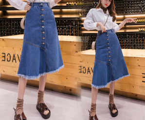 单排扣牛仔裙2020年流行韩版新款高腰不规则毛边气质中长款裙子